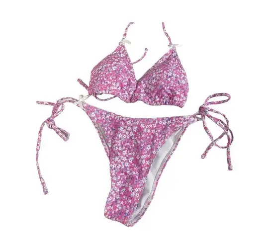 SheIn Pink Purple Floral Flowers Bikini Set Size M Triangle Top High Rise NEW