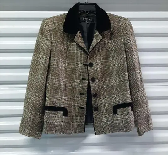 Kasper  Blazer Women's Size 12P Brown Black Plaid Tweed Jacket Corpcore Outerwear