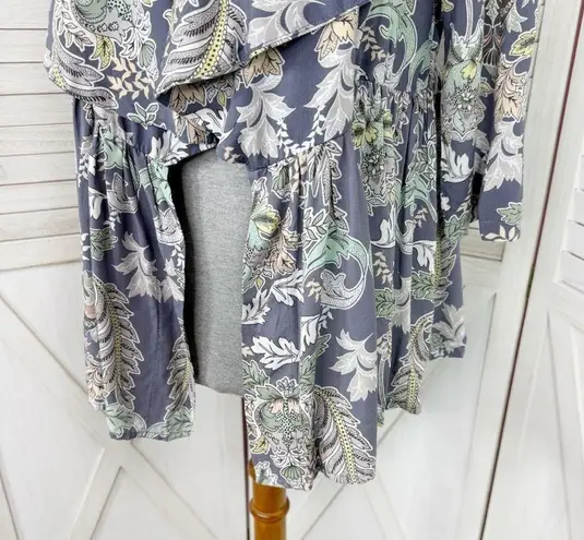 Anthropologie JAASE Floral Open Waterfall Ruffle Hem Topper Cardigan Jacket Blue Small