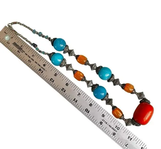 Vintage Bold Resin Bead Statement Necklace Orange & Turquoise Blue with Silver A