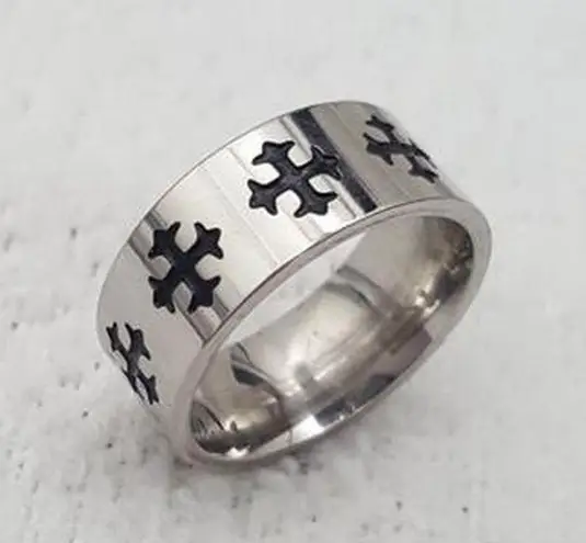 Silver Black Enamel Cross Band Ring Size