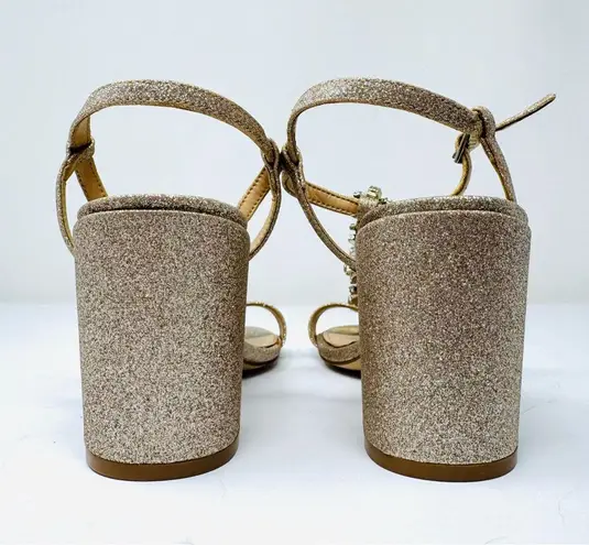 JEWEL BADGLEY MISCHKA gold glitter and CZ ankle wrap block sandals, size 6