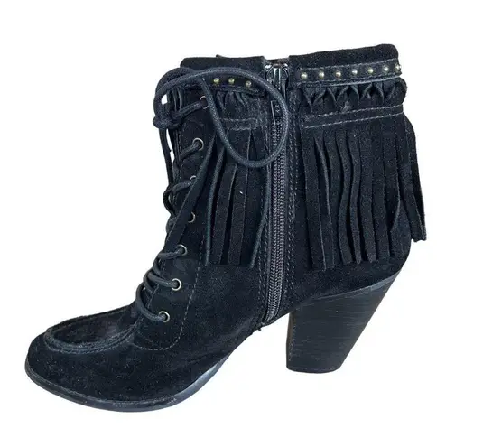 Gianni Bini  Black Suede Leather Fringe Studded High Heel Ankle Boots Size 8M