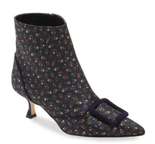 Manolo Blahnik  Baylow Navy Floral Embroidered Jacquard Pointed Toe Ankle Boot