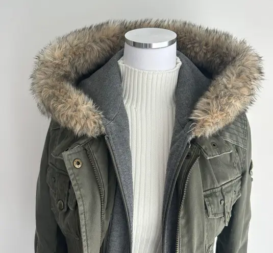 Buffalo Parka Jacket Womens Large Green Y2K Faux Fur Hoodie Military Bella Swan
