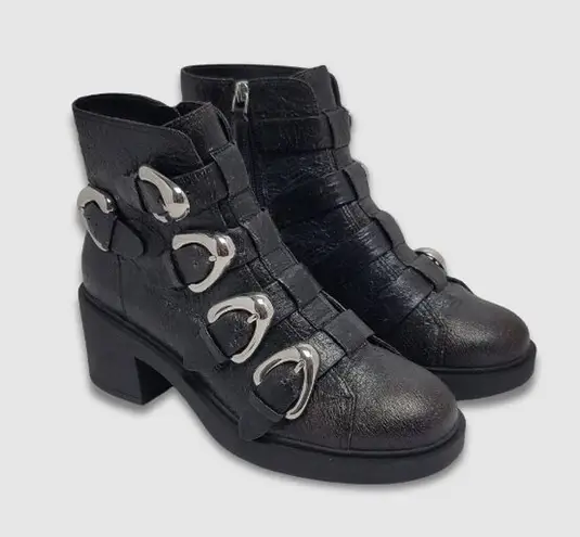 Aerosoles Gavyn Multi Buckle Biker Ankle Booties Crackled Black Leather Size 8.5