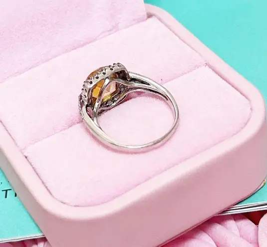 14kt White Gold 2+ Carat Cushion Cut Diamond Halo Citrine Ring Silver Size 6
