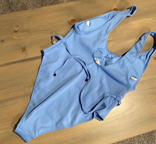 River Island Baby Blue One Piece Swimsuit w/ Scoop Neck and Pastel Chain Belt