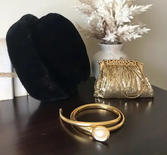 Whiting & Davis Vintage Gold Accessory Bundle, Hat, Belt, Mesh Evening Purse