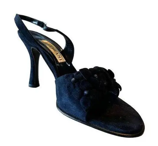 BELTRAMI Suede Sandals Navy Blue 3D Floral Design Sling Back Italy EU 38 US 7.5