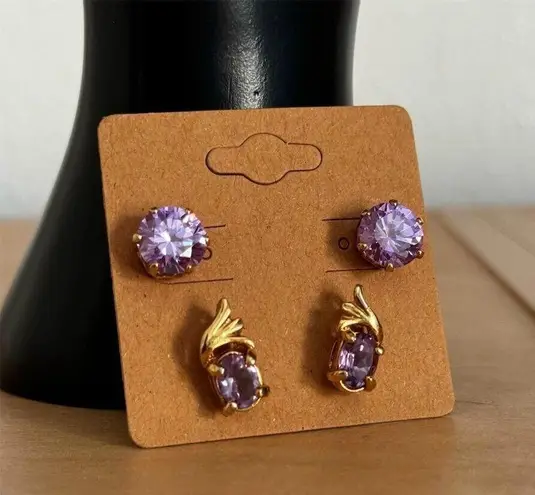 Gold Plated Lavender Zirconia Stud Earrings Anniversary Elegant Gift Set of 2 Purple