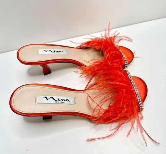 Nina  Sandals Womens Size 6 Red Feather Embellished Slip On Open Toe Shoes