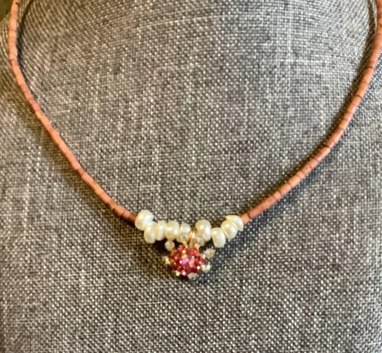 Handmade Pink Sparkle Pendant White Fresh Water Pearl Choker Set / Vintage Ring