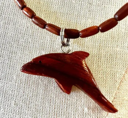 Wood beaded dolphin pendant necklace Brown