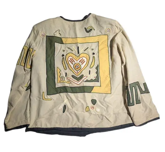 Vtg 1990s Patchington Beige Green Bird Heart Applique Collarless Boho Jacket L Size L