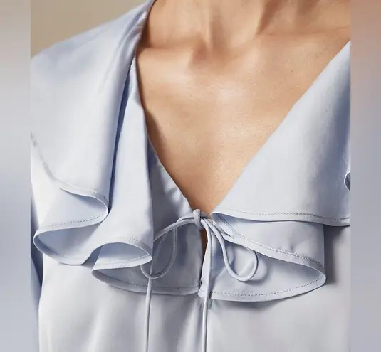 J.Crew  Goldie Top In Satin Ruffle Neck Long Sleeve Black S NWT Sleek