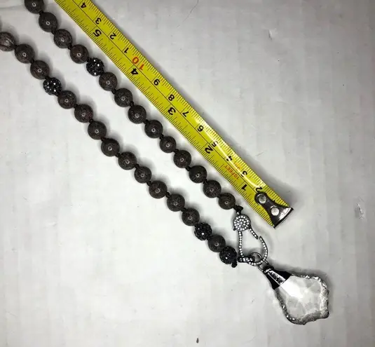 Necklace Black Lava & Pave Beads w/ Crystal Pendant & Pave Lobster Clasp NEW