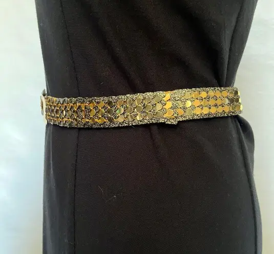 Gold Sequins Stretch Belt Floral Hook Closure Fabric Back Glitter 1980s Vintage
