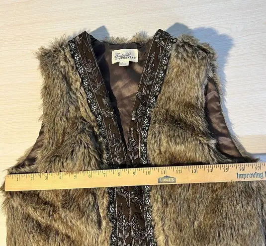 Womens L Faux Fur Open Vest Grunge Boho Festival Renaissance Fairy Goblin Beaded Brown Size L