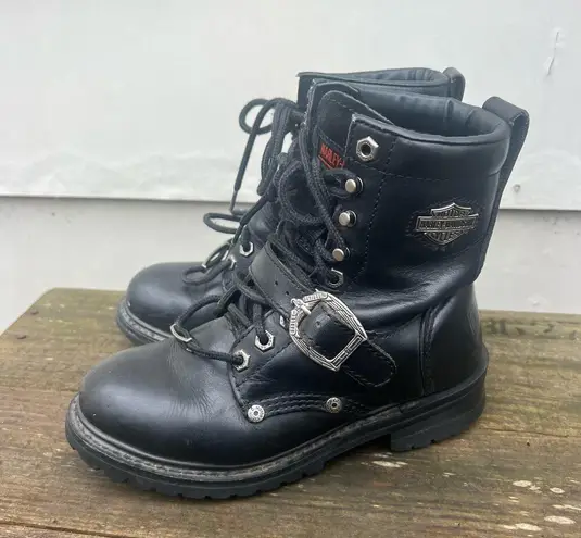 Harley Davidson  Black Moto Biker Lace Up Buckle Boots 81003 Size 6 1/2