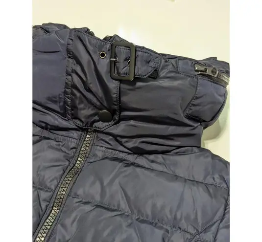 Happy Goat Lucky Down Puffer Coat Long Full Zip Belted Neckline Hooded Winter Blue Size 4