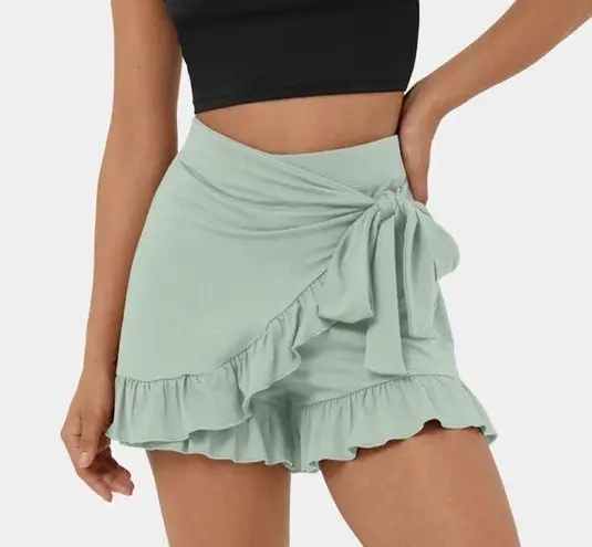 Halara  High Waisted Lace Up Ruffle Hem Flowy Casual Shorts 3.5" Green Lily