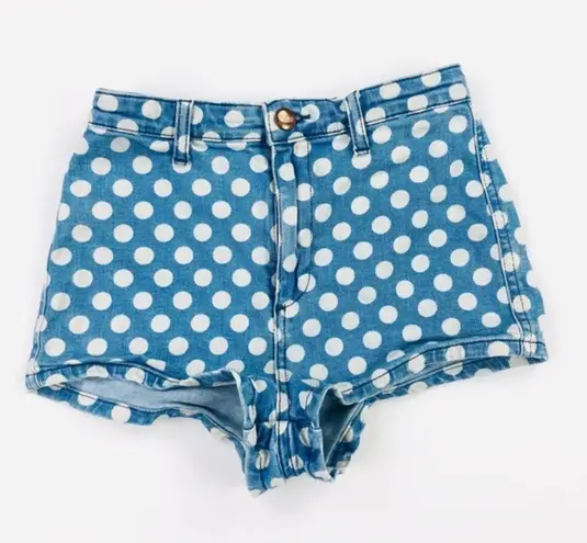 Topshop MOTO Retro Polka Dot Denim Short Shorts — Blue + White — Size 26