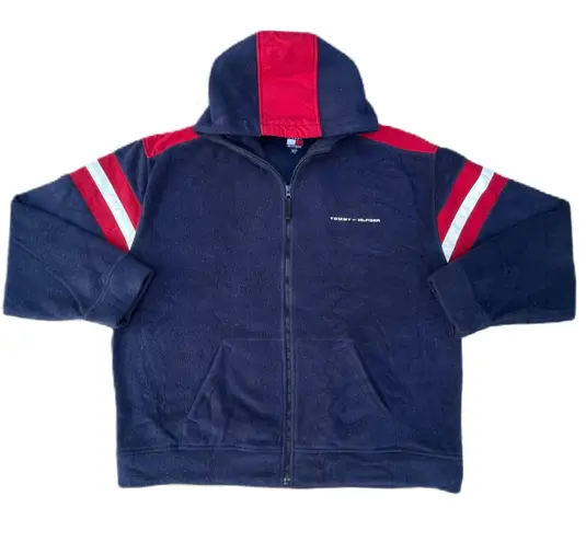 Tommy Hilfiger Vintage 90s  Navy Blue Red Fleece Hoodie Zip Up Jacket