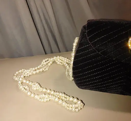 Black Velour Columbine Faux Pearl Rhinestone Vintage Purse Bag Crossbody