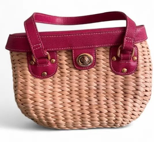 Vintage Vegetable Fiber Woven Basket Purse Top Handle Bag Pink Tan mirror
