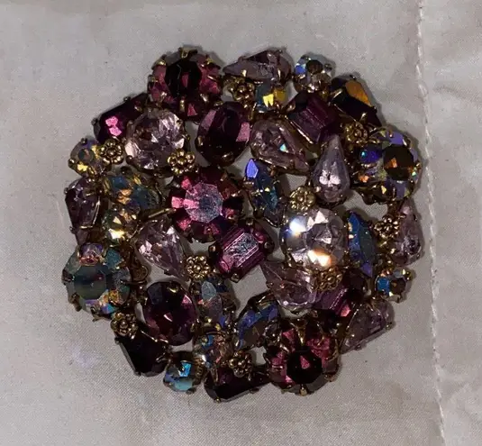 Vintage Round Pink Purple & AB Austrian Crystals Stones Austrian Brooch Pin