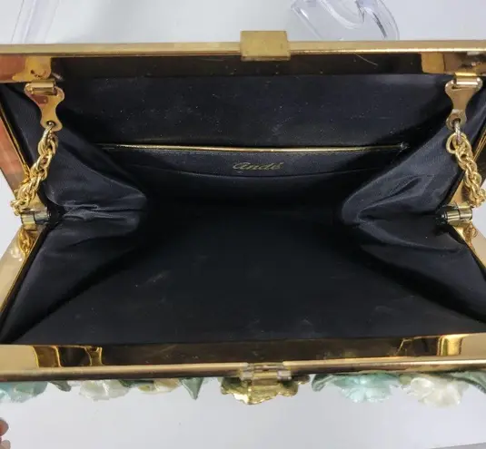 Andé Womens Clutch Bag Green Croc Embossed Pastel Floral Applique Gold Chain