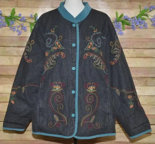 Denim & Co. Womens Plus 3X Black Denim Button Jean Jacket Embroidered Floral