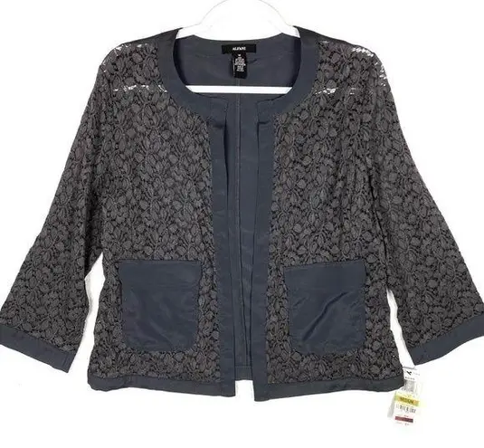 Alfani Gray Lace Collarless Open Front Jacket Gray Size M