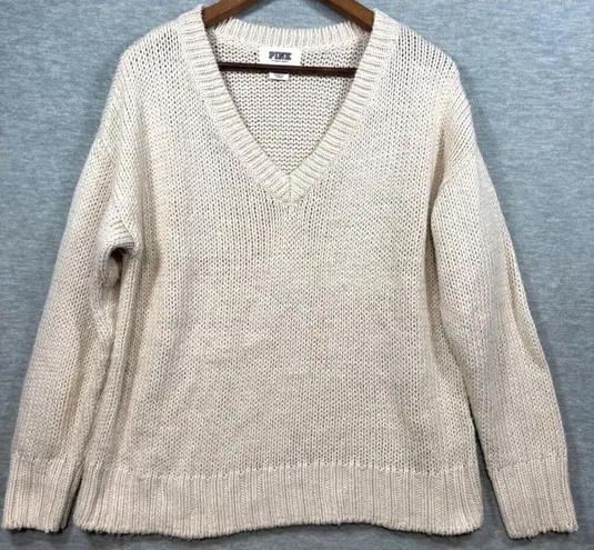 Victorias Secret PINK Beige V Neck Knit Sweater L Casual Pullover Size L