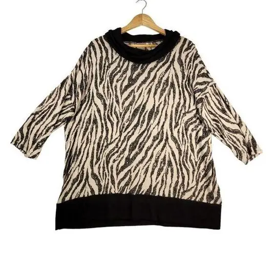 Chico's  Size 2 (L/12) Black White Cowl Neck Long Sleeve Poly Blend Tunic Sweater