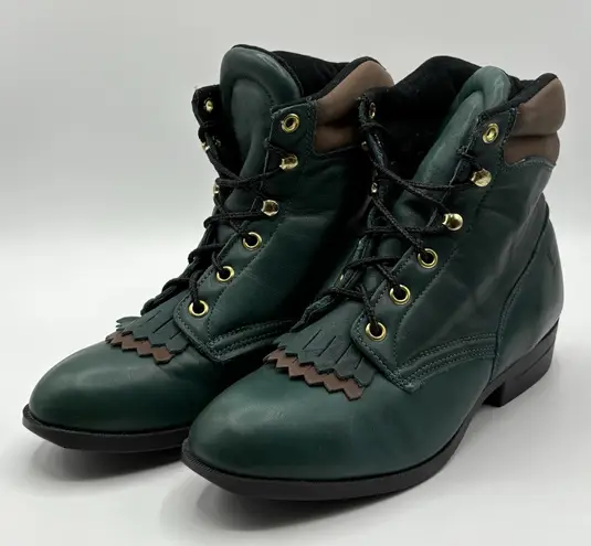 Laredo Performair Boots Women's 8 Green Leather Fringe USA Made VTG 90s w/box