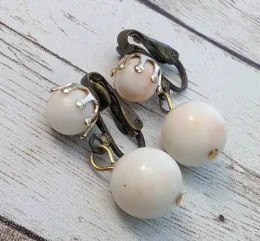 Vintage Clip On Earrings Ball Duo Dangle Off White with Pink Hues