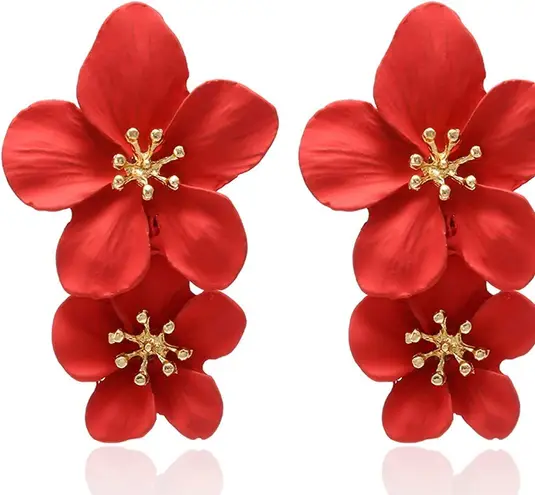 Red Women Boho Flower Earrings Fashion Statement, Drop Dangle Stud Earrings