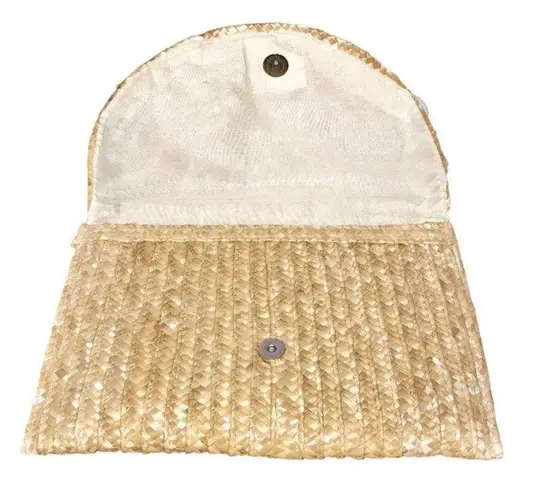 Shiraleah Fortuna Wheat/Cream Straw Raffia Envelope Pom Pom Clutch Bag