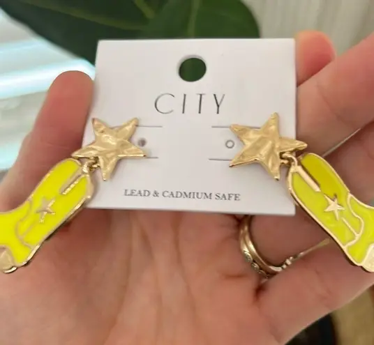 NWT City Yellow Cowboy Boot and Star Large Dangle Earrings