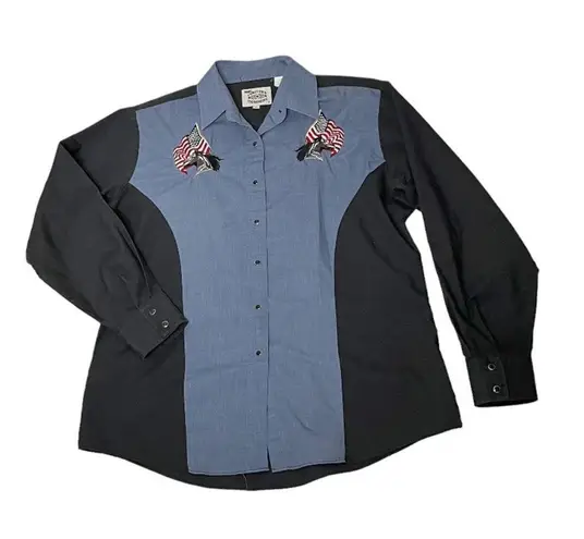 ELY Country Charmers Western Shirt USA Flag Horses Black Snaps Vintage 70’s Blue Size L