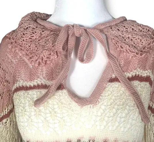 Vintage Knit Embroidered Hoodie Sweater Oatmeal Pink Floral Cropped Crochet Size M