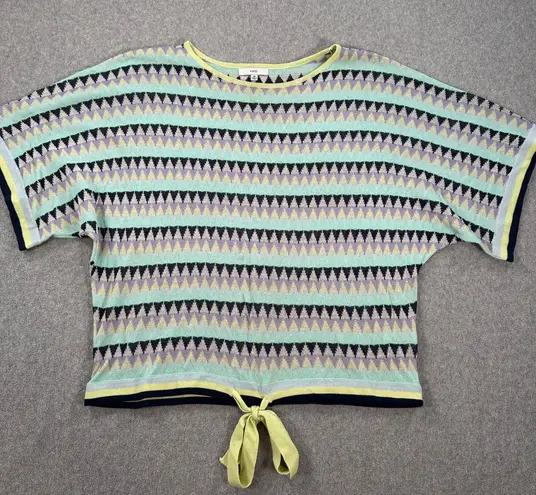 Fate Short Sleeve Tie Waist Knit Top Women's Medium Blue Green Stripe Linen Blen