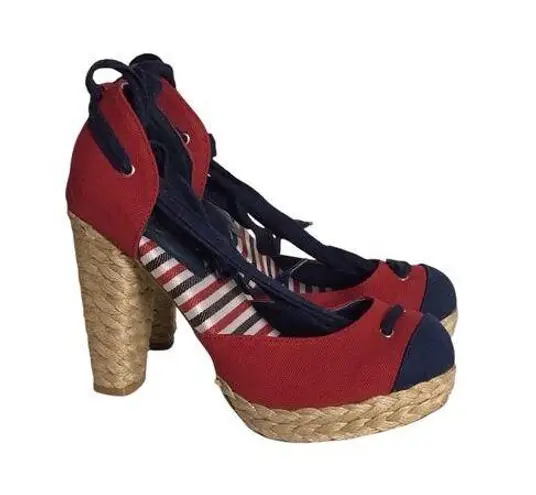 Envy Women Platform Espadrilles Sz. 8 Red Nautical Pin up Resortwear Yacht Party