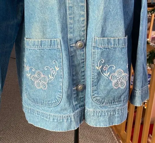 Unique Vintage Vintage Tudor Court Embroidered Floral Denim Jacket Coat Blue Size Large