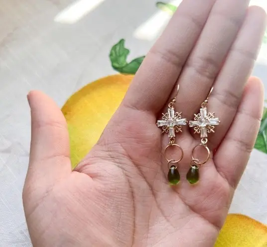 Czech Glass Cross Shape Forest Green Olive Boho Mini Hoop Dangle Casual Earrings