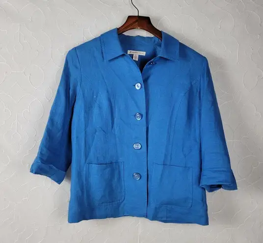 JM Collection Womens Linen Jacket 4 Petite Blue Button Front Pockets 3/4 Sleeve