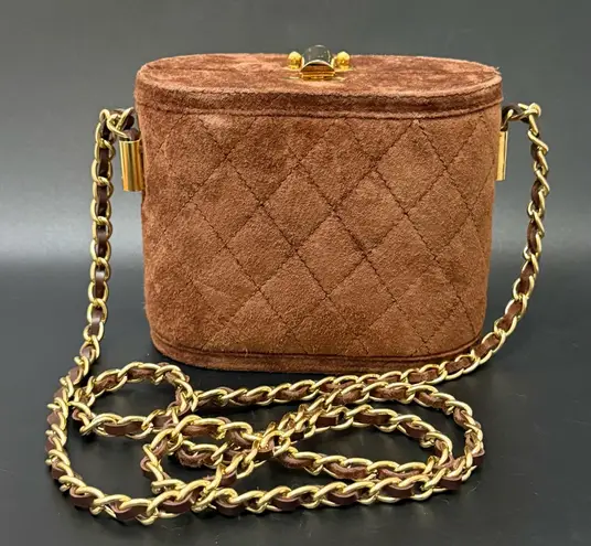 Vintage COMECO Brown Suede Leather Quilted Chain Vanity Bag
