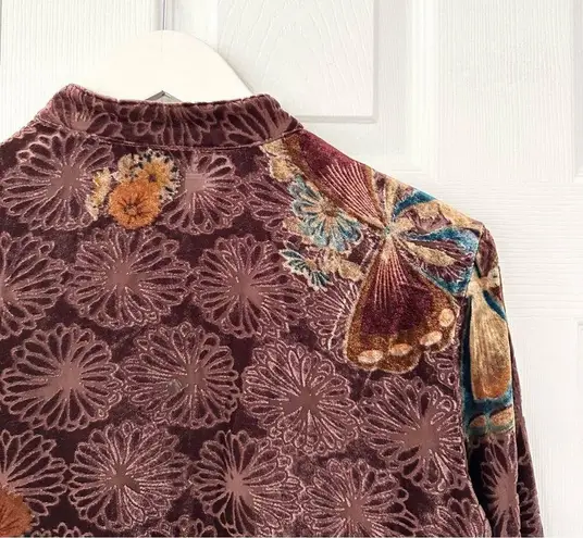 Citron Brown Velvet Butterfly Mandarin Collar Neck Button Up Blouse Small Asian